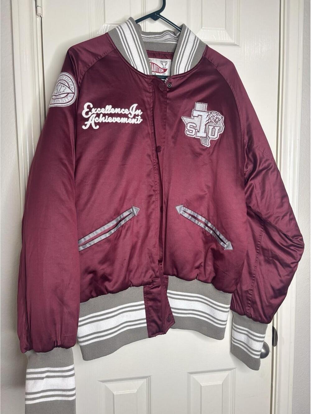 Vintage 80s Texas Southern University Satin Bomber Jacket -Broken zipper